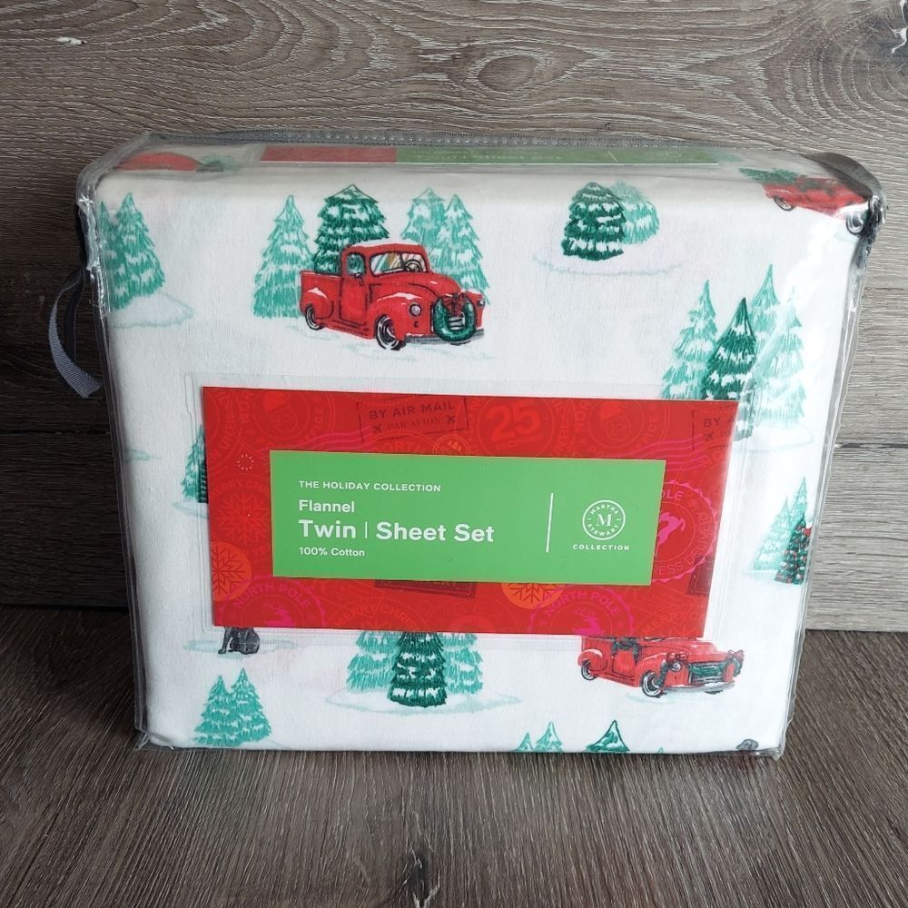 Martha Stewart Holiday Printed Cotton Flannel Farmhouse Truck Twin Sheet Set